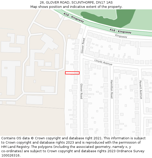 26, GLOVER ROAD, SCUNTHORPE, DN17 1AS: Location map and indicative extent of plot