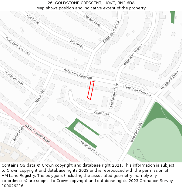 26, GOLDSTONE CRESCENT, HOVE, BN3 6BA: Location map and indicative extent of plot