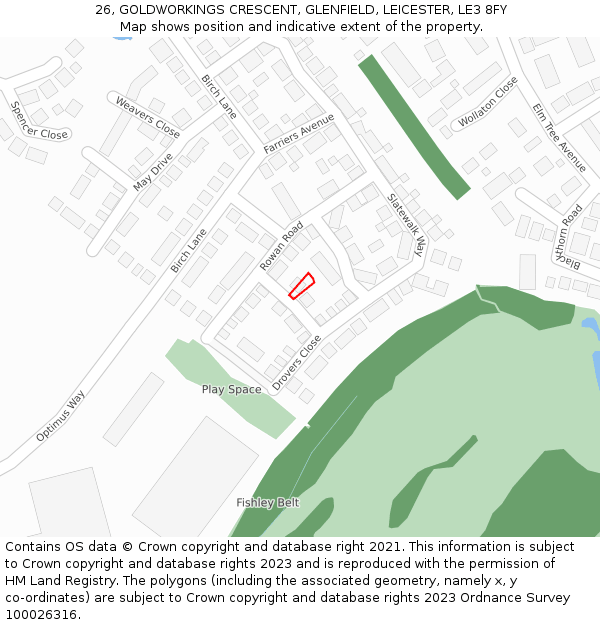 26, GOLDWORKINGS CRESCENT, GLENFIELD, LEICESTER, LE3 8FY: Location map and indicative extent of plot