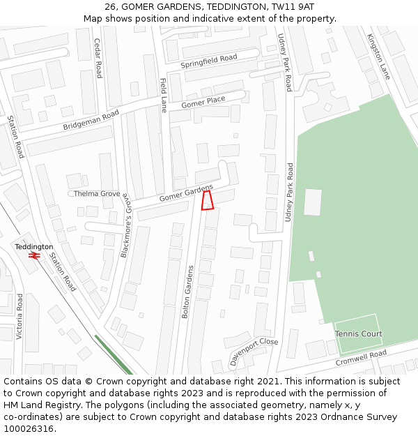 26, GOMER GARDENS, TEDDINGTON, TW11 9AT: Location map and indicative extent of plot