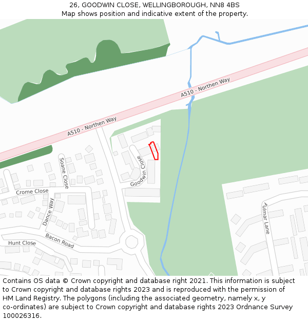 26, GOODWIN CLOSE, WELLINGBOROUGH, NN8 4BS: Location map and indicative extent of plot