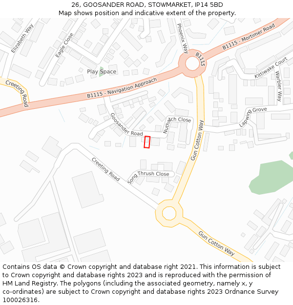 26, GOOSANDER ROAD, STOWMARKET, IP14 5BD: Location map and indicative extent of plot