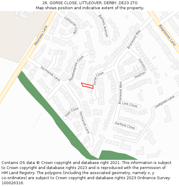 26, GORSE CLOSE, LITTLEOVER, DERBY, DE23 2TG: Location map and indicative extent of plot