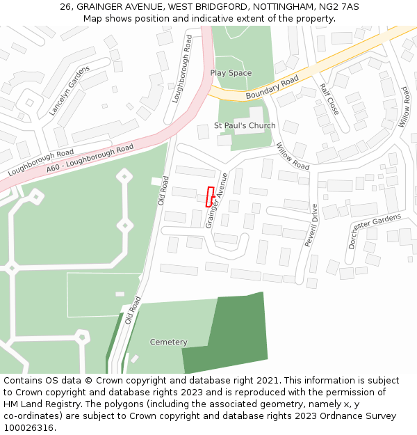 26, GRAINGER AVENUE, WEST BRIDGFORD, NOTTINGHAM, NG2 7AS: Location map and indicative extent of plot