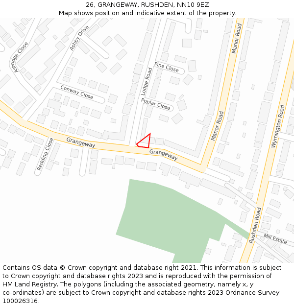 26, GRANGEWAY, RUSHDEN, NN10 9EZ: Location map and indicative extent of plot