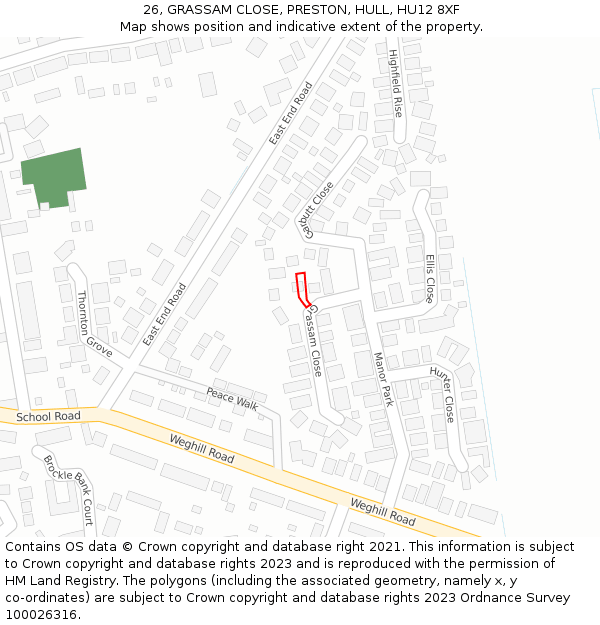 26, GRASSAM CLOSE, PRESTON, HULL, HU12 8XF: Location map and indicative extent of plot