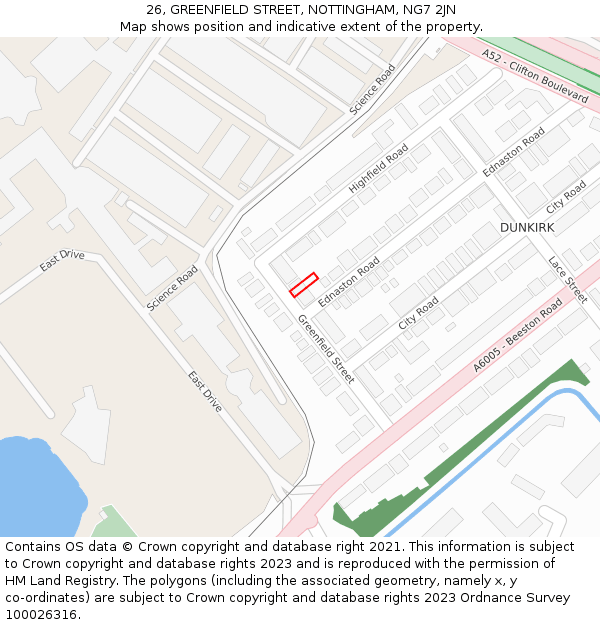 26, GREENFIELD STREET, NOTTINGHAM, NG7 2JN: Location map and indicative extent of plot