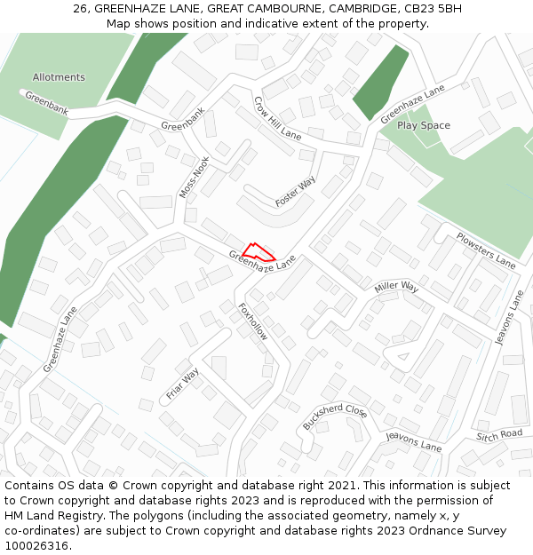 26, GREENHAZE LANE, GREAT CAMBOURNE, CAMBRIDGE, CB23 5BH: Location map and indicative extent of plot