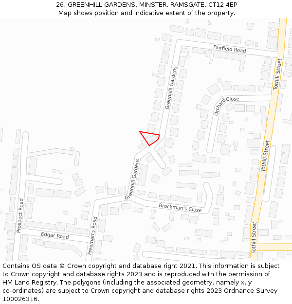 26, GREENHILL GARDENS, MINSTER, RAMSGATE, CT12 4EP: Location map and indicative extent of plot