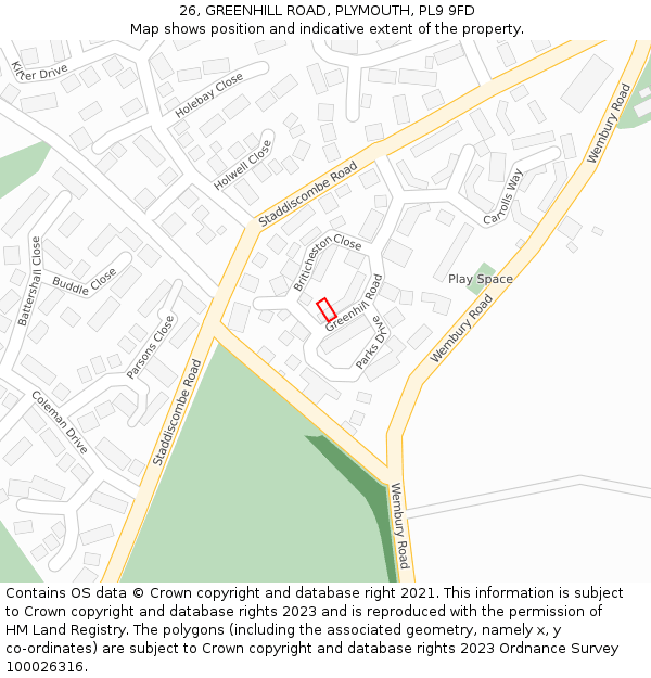 26, GREENHILL ROAD, PLYMOUTH, PL9 9FD: Location map and indicative extent of plot