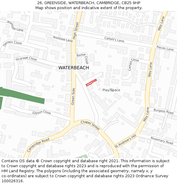 26, GREENSIDE, WATERBEACH, CAMBRIDGE, CB25 9HP: Location map and indicative extent of plot