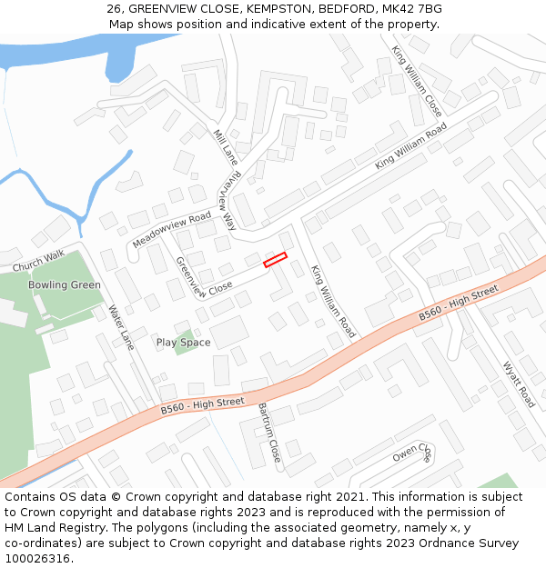 26, GREENVIEW CLOSE, KEMPSTON, BEDFORD, MK42 7BG: Location map and indicative extent of plot