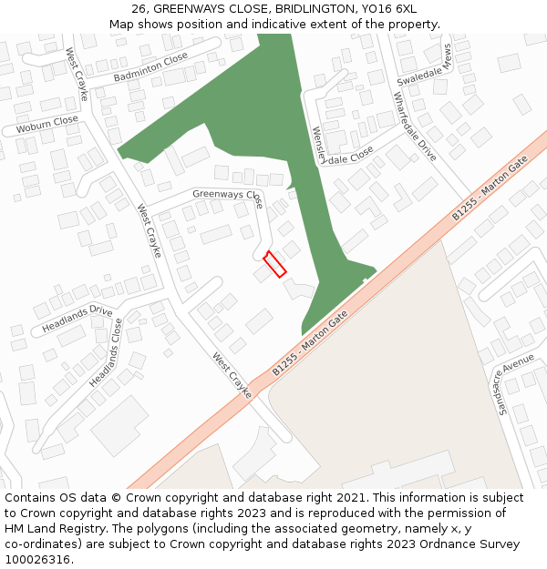 26, GREENWAYS CLOSE, BRIDLINGTON, YO16 6XL: Location map and indicative extent of plot