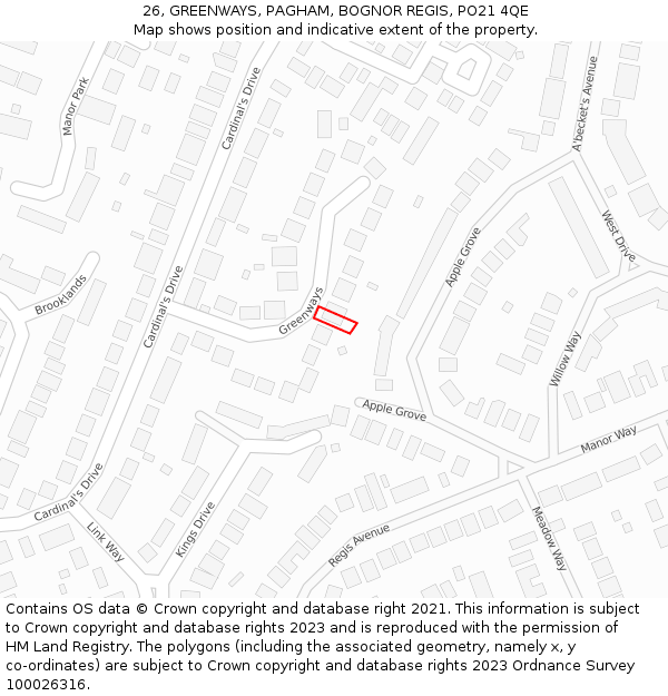 26, GREENWAYS, PAGHAM, BOGNOR REGIS, PO21 4QE: Location map and indicative extent of plot