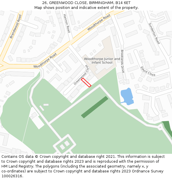 26, GREENWOOD CLOSE, BIRMINGHAM, B14 6ET: Location map and indicative extent of plot