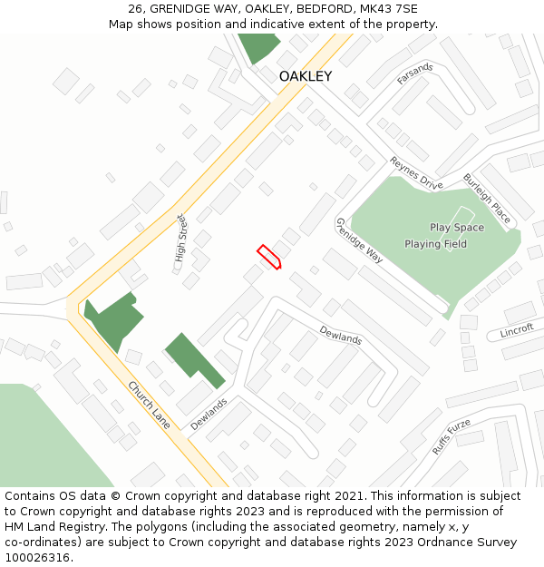 26, GRENIDGE WAY, OAKLEY, BEDFORD, MK43 7SE: Location map and indicative extent of plot