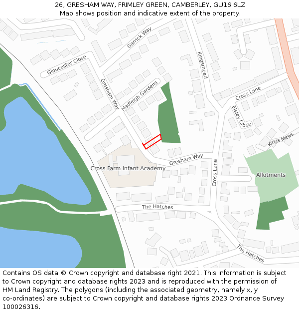 26, GRESHAM WAY, FRIMLEY GREEN, CAMBERLEY, GU16 6LZ: Location map and indicative extent of plot