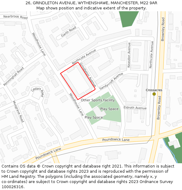 26, GRINDLETON AVENUE, WYTHENSHAWE, MANCHESTER, M22 9AR: Location map and indicative extent of plot