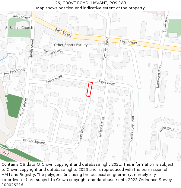 26, GROVE ROAD, HAVANT, PO9 1AR: Location map and indicative extent of plot