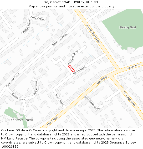 26, GROVE ROAD, HORLEY, RH6 8EL: Location map and indicative extent of plot