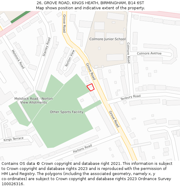 26, GROVE ROAD, KINGS HEATH, BIRMINGHAM, B14 6ST: Location map and indicative extent of plot