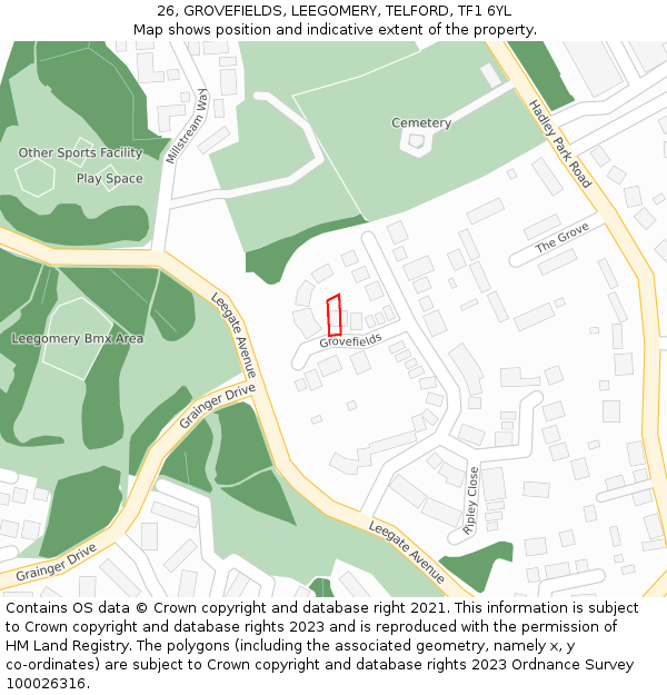 26, GROVEFIELDS, LEEGOMERY, TELFORD, TF1 6YL: Location map and indicative extent of plot