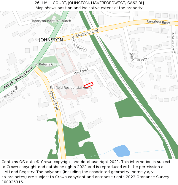 26, HALL COURT, JOHNSTON, HAVERFORDWEST, SA62 3LJ: Location map and indicative extent of plot