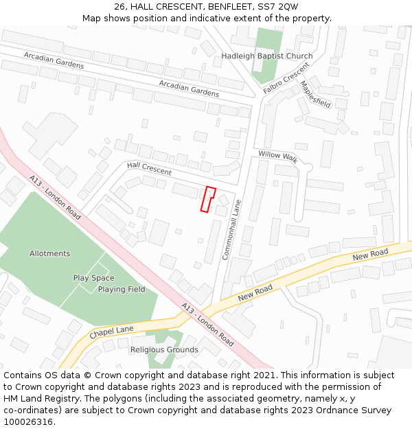 26, HALL CRESCENT, BENFLEET, SS7 2QW: Location map and indicative extent of plot