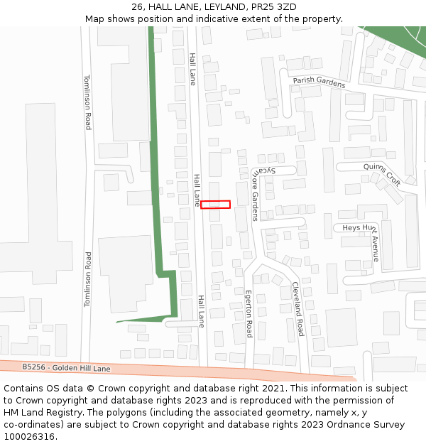 26, HALL LANE, LEYLAND, PR25 3ZD: Location map and indicative extent of plot