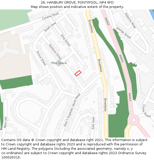 26, HANBURY GROVE, PONTYPOOL, NP4 6FD: Location map and indicative extent of plot