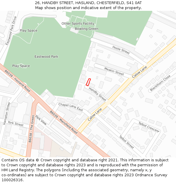 26, HANDBY STREET, HASLAND, CHESTERFIELD, S41 0AT: Location map and indicative extent of plot