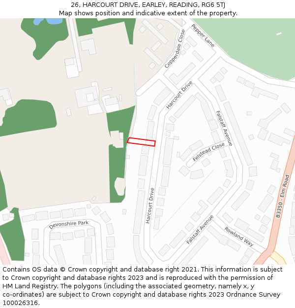 26, HARCOURT DRIVE, EARLEY, READING, RG6 5TJ: Location map and indicative extent of plot