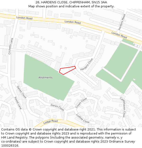 26, HARDENS CLOSE, CHIPPENHAM, SN15 3AA: Location map and indicative extent of plot