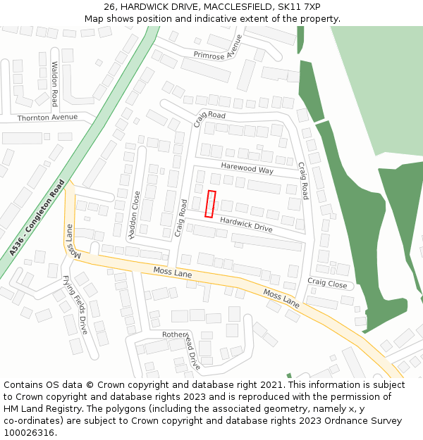 26, HARDWICK DRIVE, MACCLESFIELD, SK11 7XP: Location map and indicative extent of plot