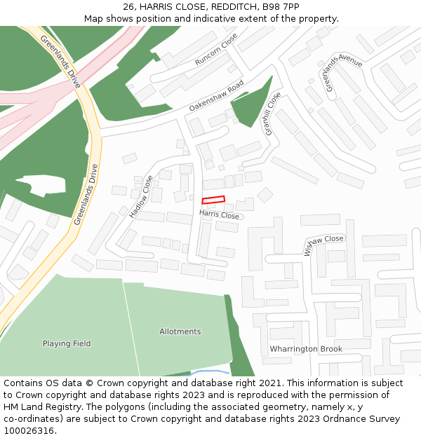 26, HARRIS CLOSE, REDDITCH, B98 7PP: Location map and indicative extent of plot