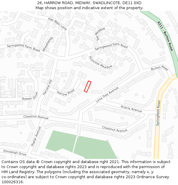 26, HARROW ROAD, MIDWAY, SWADLINCOTE, DE11 0XD: Location map and indicative extent of plot