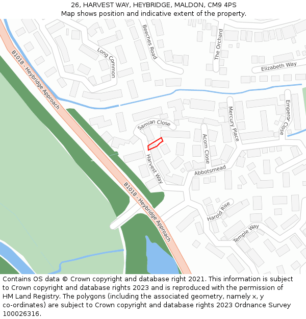 26, HARVEST WAY, HEYBRIDGE, MALDON, CM9 4PS: Location map and indicative extent of plot