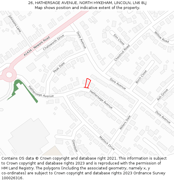 26, HATHERSAGE AVENUE, NORTH HYKEHAM, LINCOLN, LN6 8LJ: Location map and indicative extent of plot