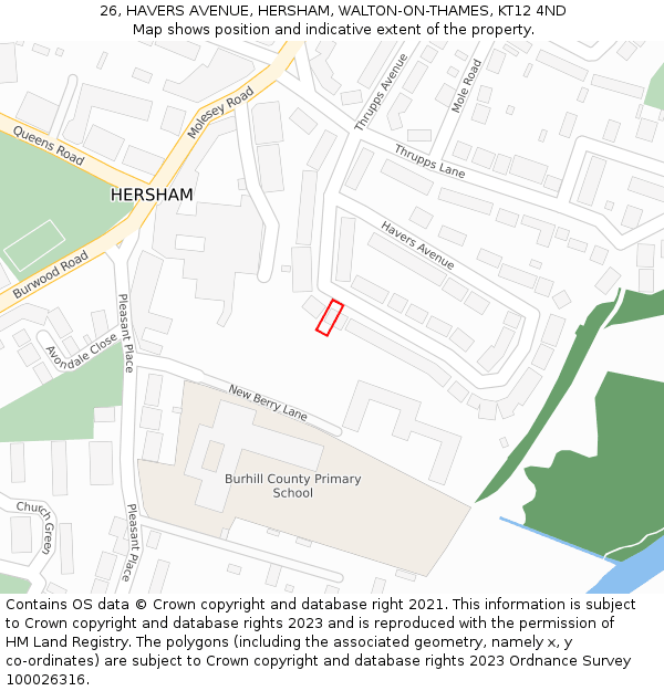 26, HAVERS AVENUE, HERSHAM, WALTON-ON-THAMES, KT12 4ND: Location map and indicative extent of plot