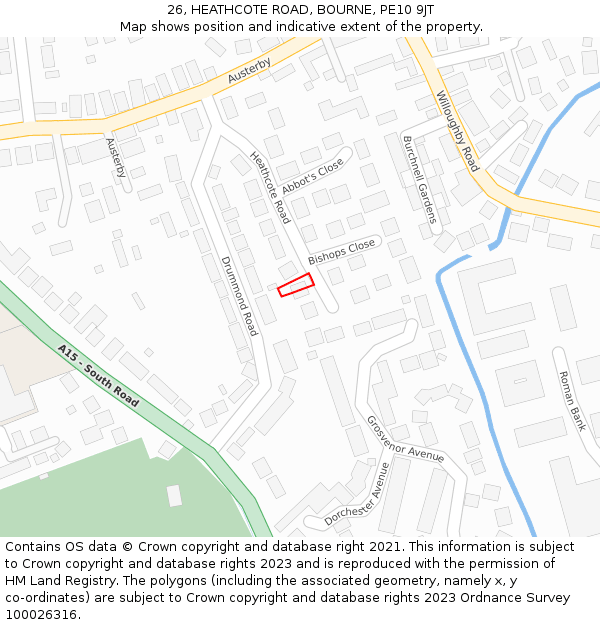 26, HEATHCOTE ROAD, BOURNE, PE10 9JT: Location map and indicative extent of plot