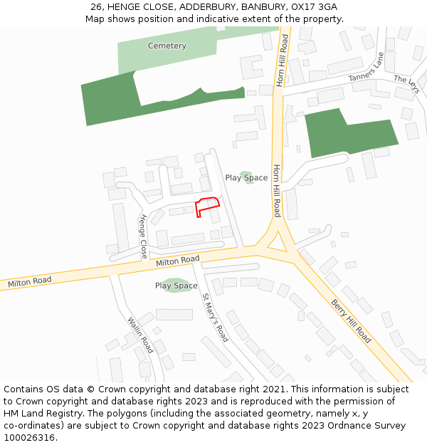 26, HENGE CLOSE, ADDERBURY, BANBURY, OX17 3GA: Location map and indicative extent of plot