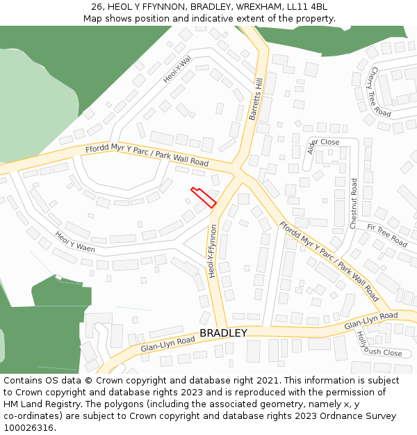 26, HEOL Y FFYNNON, BRADLEY, WREXHAM, LL11 4BL: Location map and indicative extent of plot