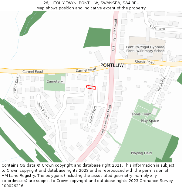 26, HEOL Y TWYN, PONTLLIW, SWANSEA, SA4 9EU: Location map and indicative extent of plot