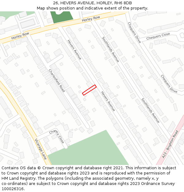 26, HEVERS AVENUE, HORLEY, RH6 8DB: Location map and indicative extent of plot