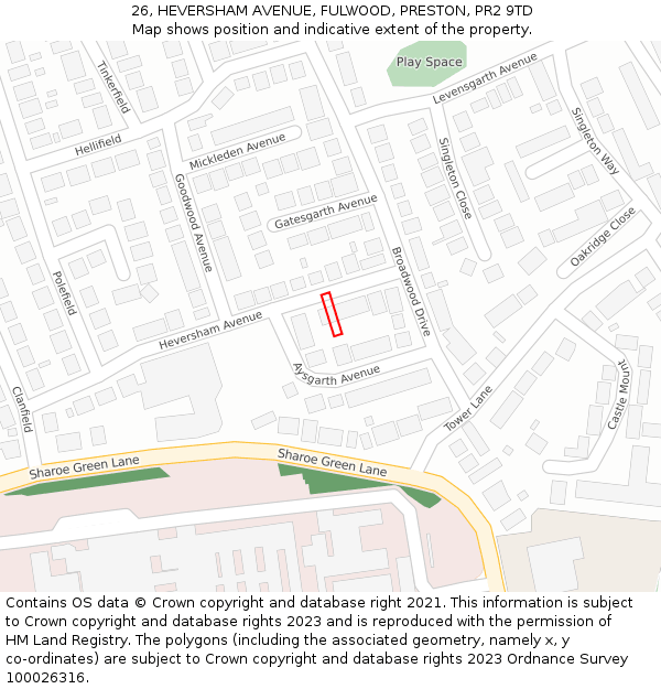 26, HEVERSHAM AVENUE, FULWOOD, PRESTON, PR2 9TD: Location map and indicative extent of plot