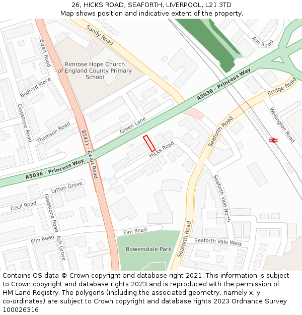 26, HICKS ROAD, SEAFORTH, LIVERPOOL, L21 3TD: Location map and indicative extent of plot