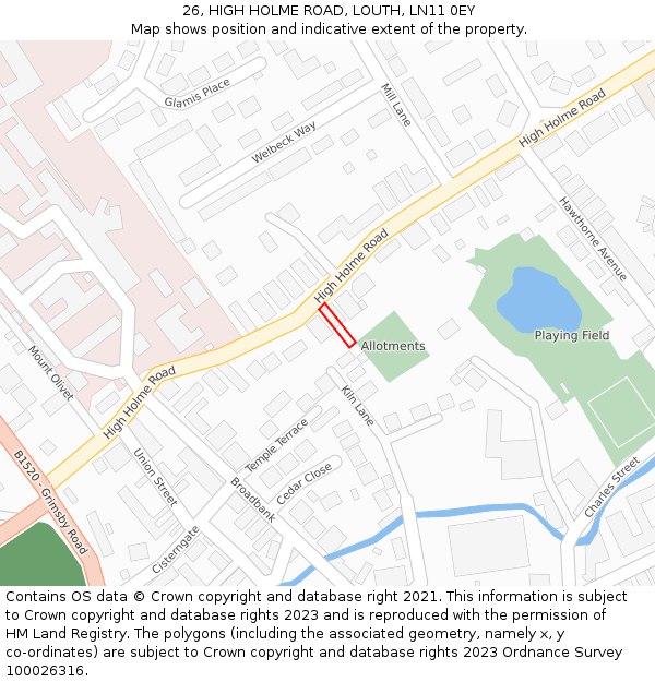 26, HIGH HOLME ROAD, LOUTH, LN11 0EY: Location map and indicative extent of plot