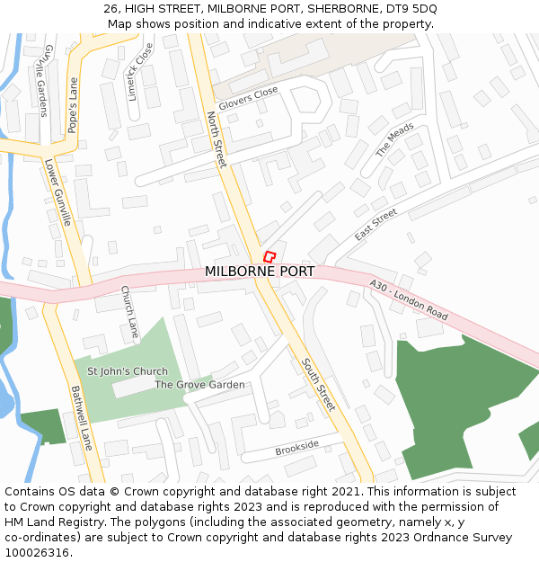 26, HIGH STREET, MILBORNE PORT, SHERBORNE, DT9 5DQ: Location map and indicative extent of plot