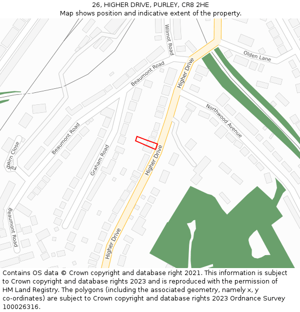 26, HIGHER DRIVE, PURLEY, CR8 2HE: Location map and indicative extent of plot