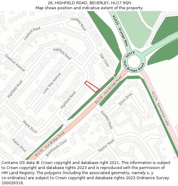 26, HIGHFIELD ROAD, BEVERLEY, HU17 9QN: Location map and indicative extent of plot